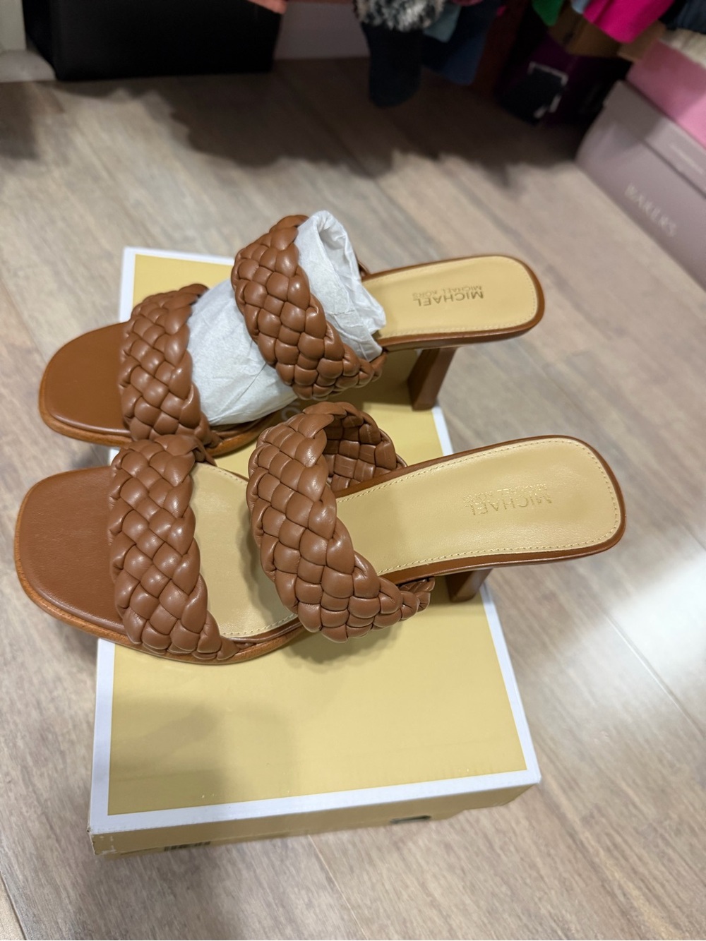 Michael Kors Cognac Braided Leather Slide Sandals